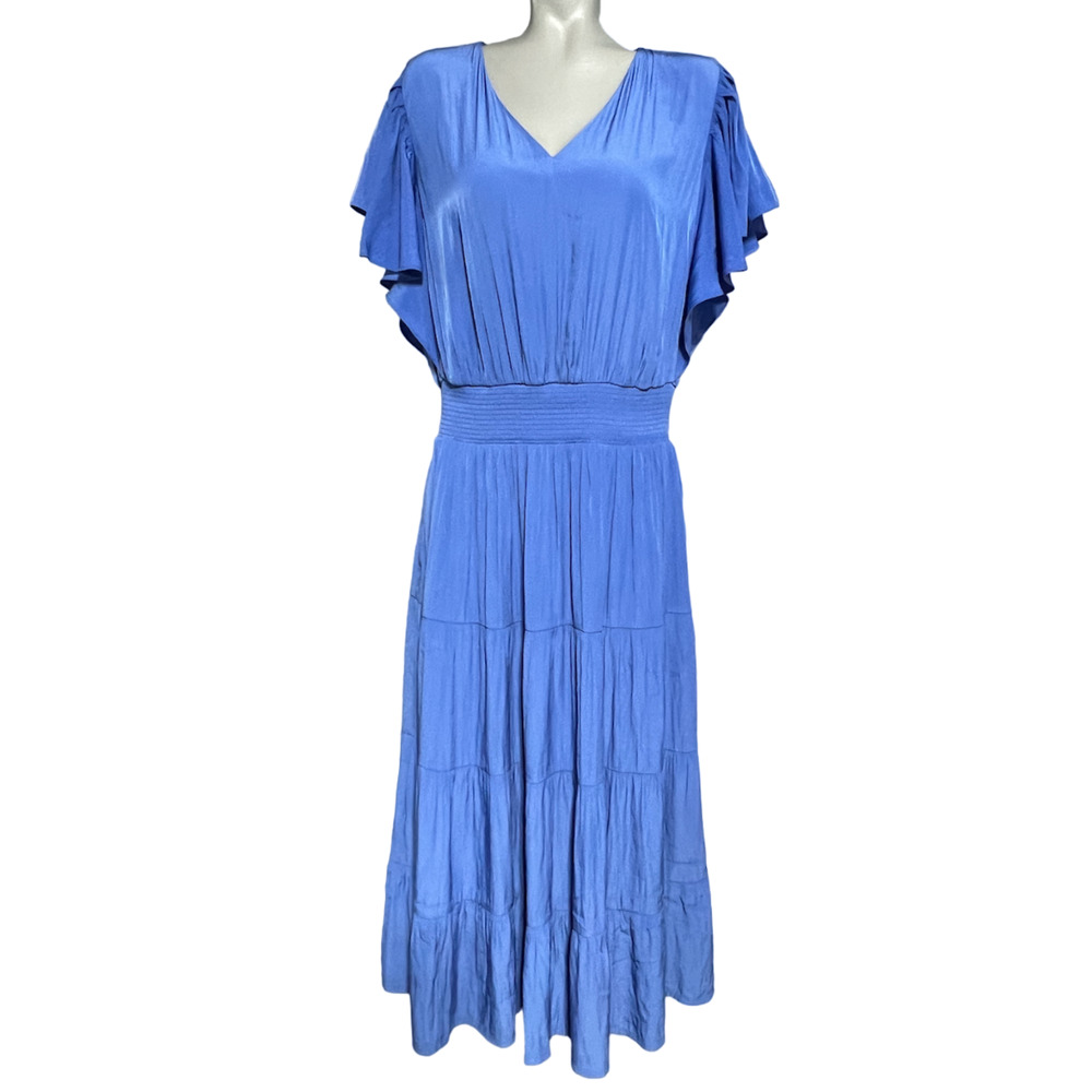 NEW CHICO'S SZ 2 AMPARO BLUE TIERED FLUTTER SLEEVE MAXI DRESS US 12